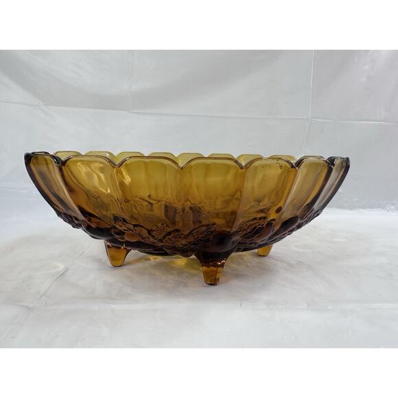 Indiana Glass Harvest Grape Carnival Fruit Bowl Oval Amber Footed MCM Vintage - Picture 2 of 10